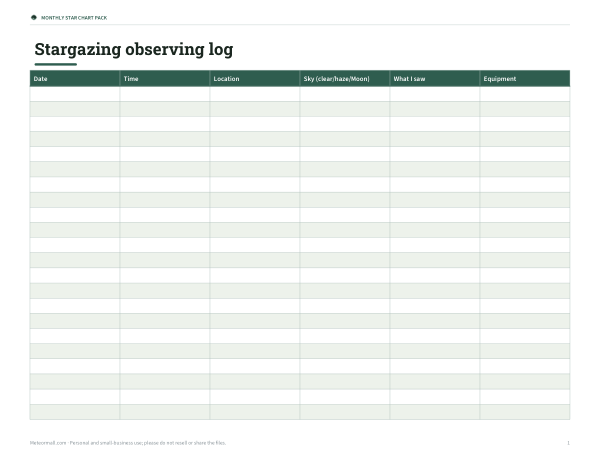 Preview of Printable Stargazing Observing Log